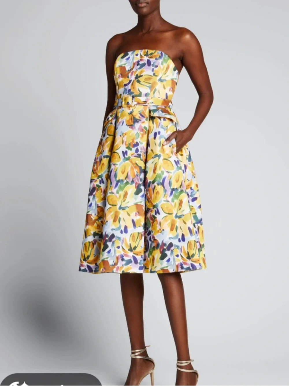 Badgley Mischka Yellow Floral Strapless A-Line Dress Size 6 - Picture 1 of 6